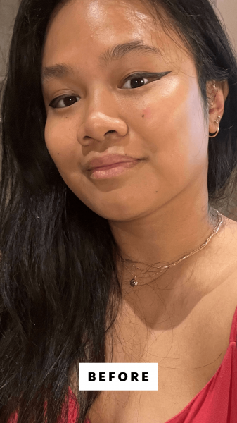 A selfie of Allure senior editor Jesa Marie Calaor before applying Armani Beauty Luminous Silk Cheek Tint in Flaming Red