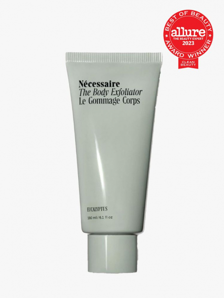 Nécessaire The Body Exfoliator light green tube with red Allure Best of Beauty Clean seal in the top right corner